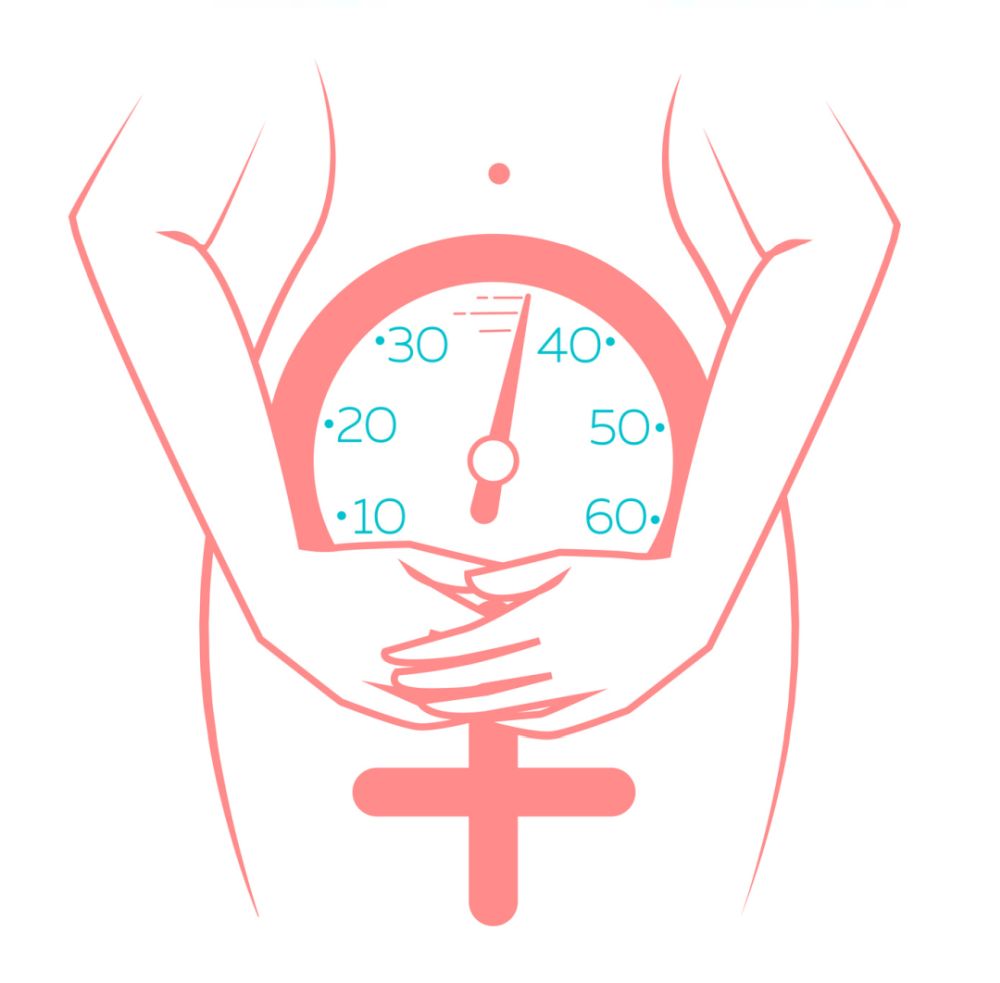 Illustration einer Uhr vor dem Unterleib einer Frau